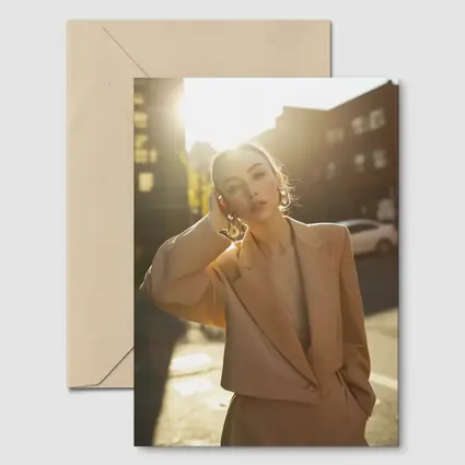 Woman Beige Suit Sunlit Urban Street