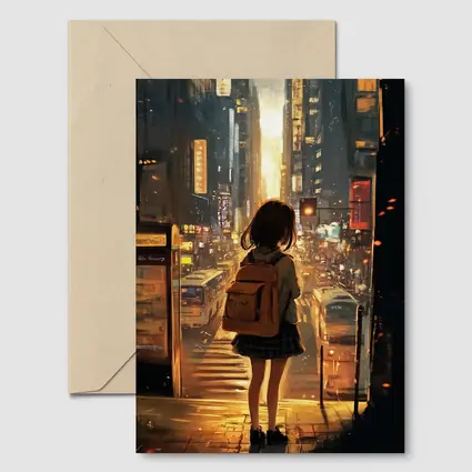 Anime Girl City Street Golden Sunset