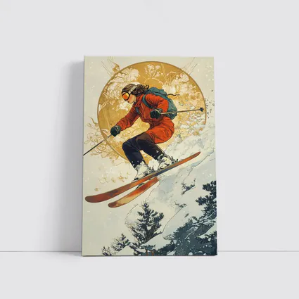 Skier Jumping Mid Air Winter Snow Trees