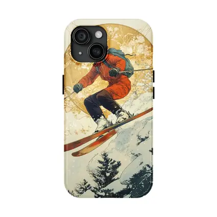 Skier Jumping Mid Air Winter Snow Trees