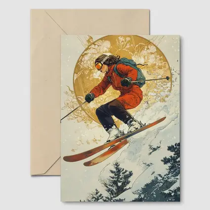 Skier Jumping Mid Air Winter Snow Trees