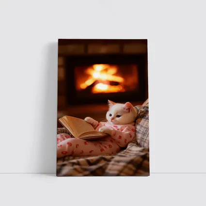 White Kitten Reading Book By Fireplace