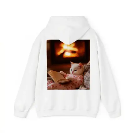 White Kitten Reading Book By Fireplace