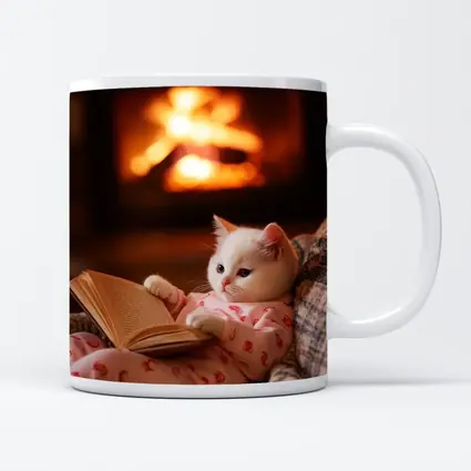 White Kitten Reading Book By Fireplace