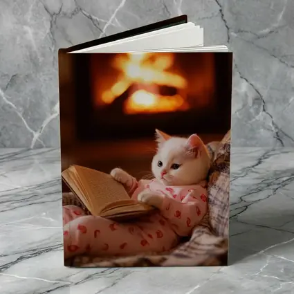 White Kitten Reading Book By Fireplace