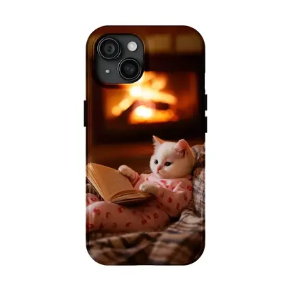 White Kitten Reading Book By Fireplace