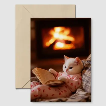White Kitten Reading Book By Fireplace