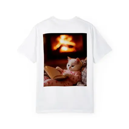 White Kitten Reading Book By Fireplace
