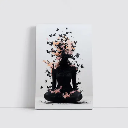Meditating Figure Dissolving Into Black Pink Butterflies