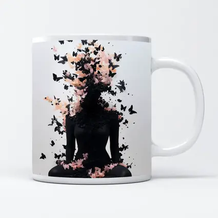 Meditating Figure Dissolving Into Black Pink Butterflies