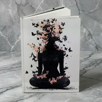 Meditating Figure Dissolving Into Black Pink Butterflies