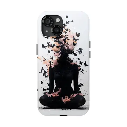 Meditating Figure Dissolving Into Black Pink Butterflies