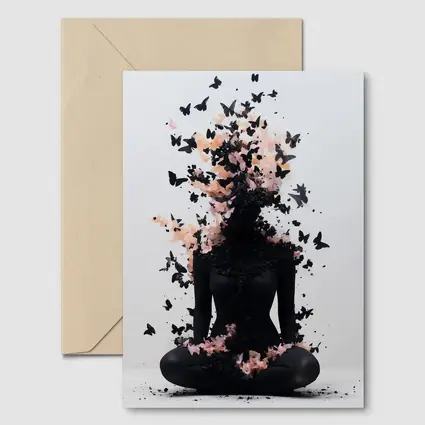 Meditating Figure Dissolving Into Black Pink Butterflies