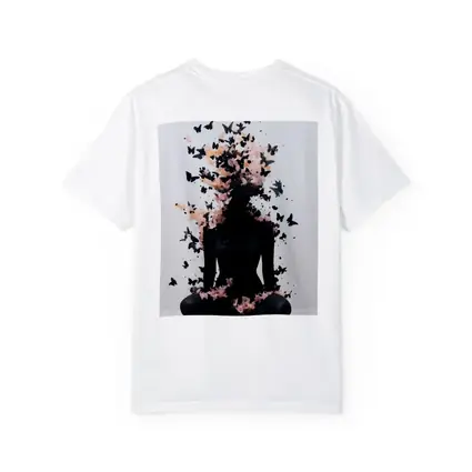Meditating Figure Dissolving Into Black Pink Butterflies