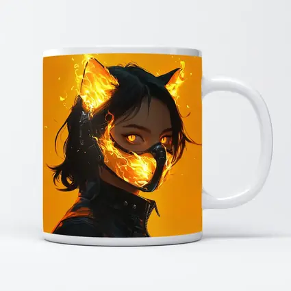 Anime Cat Girl Fire Mask Yellow Background