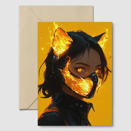 Anime Cat Girl Fire Mask Yellow Background