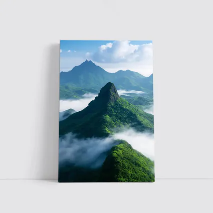 Green Misty Mountain Peaks Blue Sky