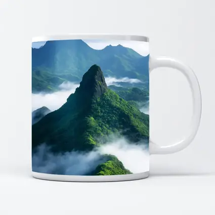 Green Misty Mountain Peaks Blue Sky
