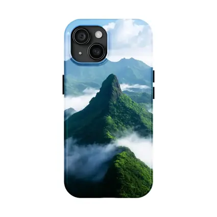 Green Misty Mountain Peaks Blue Sky