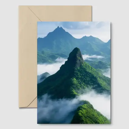 Green Misty Mountain Peaks Blue Sky