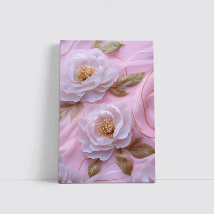 White Peonies Gold Leaves Pink Background