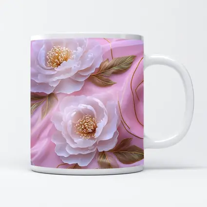 White Peonies Gold Leaves Pink Background