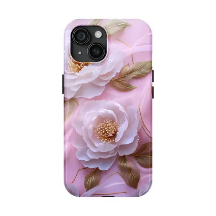 White Peonies Gold Leaves Pink Background