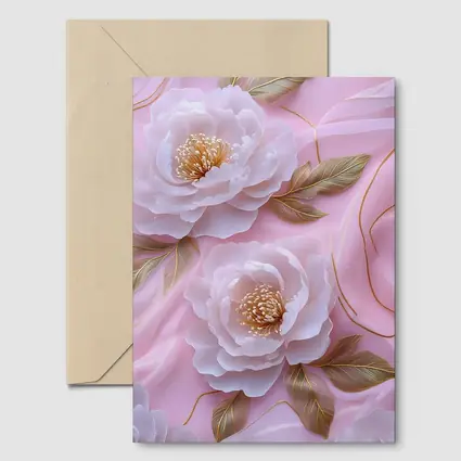White Peonies Gold Leaves Pink Background