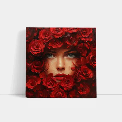 Woman Face Surrounded By Red Roses Oil Painting