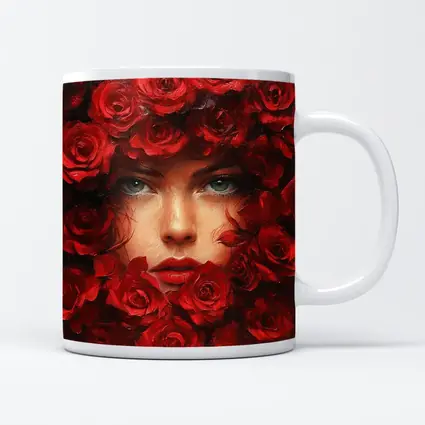 Woman Face Surrounded By Red Roses Oil Painting