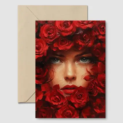 Woman Face Surrounded By Red Roses Oil Painting