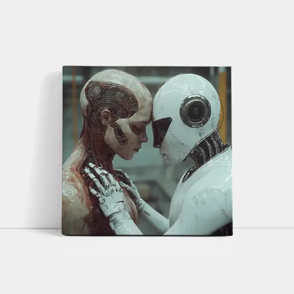 Two Androids Facing Each Other Industrial Setting