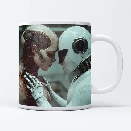 Two Androids Facing Each Other Industrial Setting