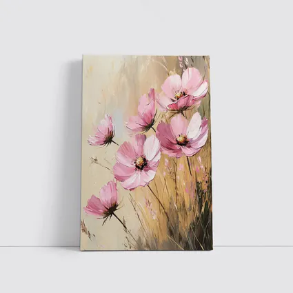 Pink Cosmos Flowers Oil Painting Beige Background