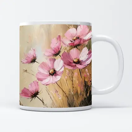Pink Cosmos Flowers Oil Painting Beige Background