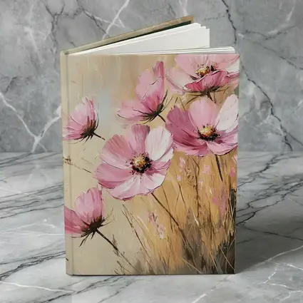 Pink Cosmos Flowers Oil Painting Beige Background