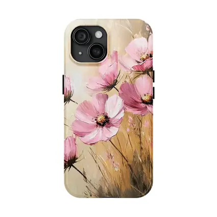 Pink Cosmos Flowers Oil Painting Beige Background