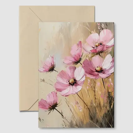 Pink Cosmos Flowers Oil Painting Beige Background