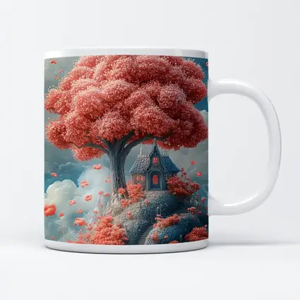 Fantasy Cottage Under Pink Blossom Tree