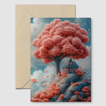 Fantasy Cottage Under Pink Blossom Tree