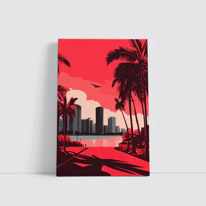 Miami Skyline Red Palm Trees City Art