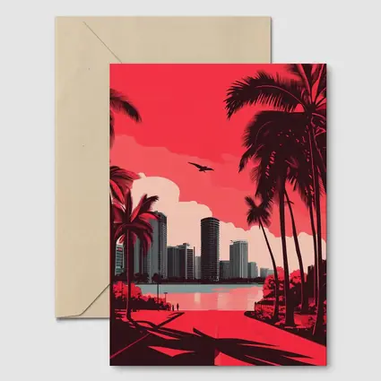 Miami Skyline Red Palm Trees City Art