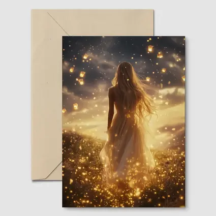 Woman Golden Lanterns Fantasy Night Sky