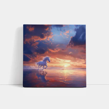 White Unicorn Running On Sunset Beach