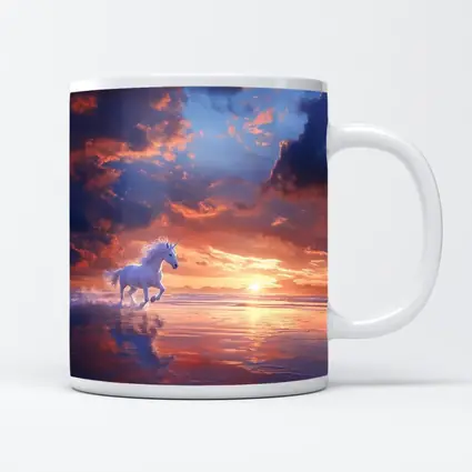 White Unicorn Running On Sunset Beach