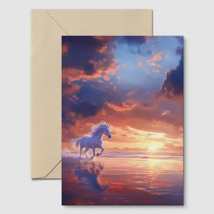 White Unicorn Running On Sunset Beach