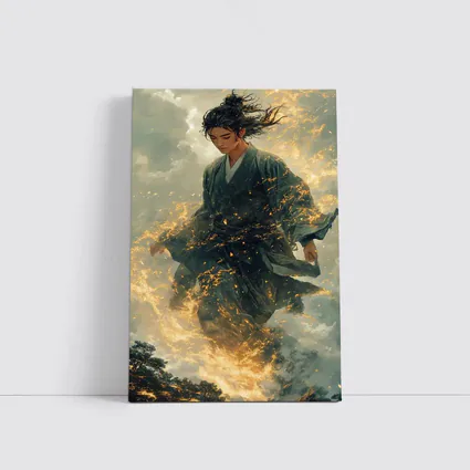 Samurai Warrior Rising in Golden Flames