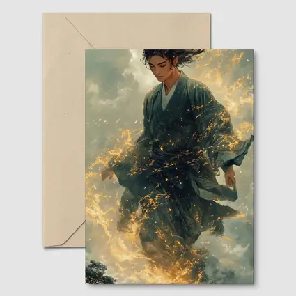 Samurai Warrior Rising in Golden Flames