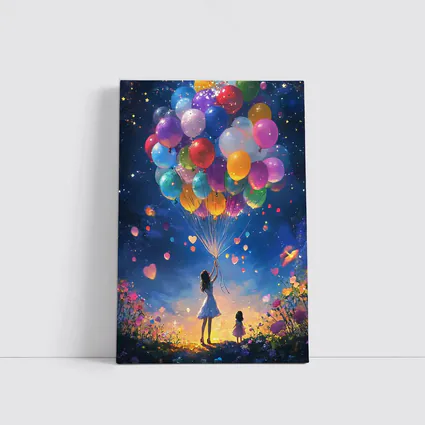Girl With Colorful Balloons Starry Night Fantasy