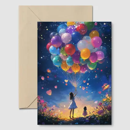 Girl With Colorful Balloons Starry Night Fantasy